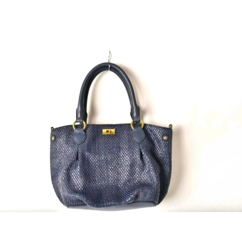 J. CREW Navy Blue Brompton Woven Straw Leather Trim Satchel Handbag Quiet Luxury - Picture 2 of 14